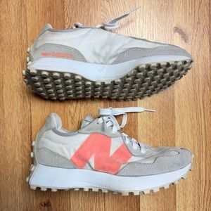 New Balance 327 sneakers in the Rain Cloud / Vibrant Orange colorway